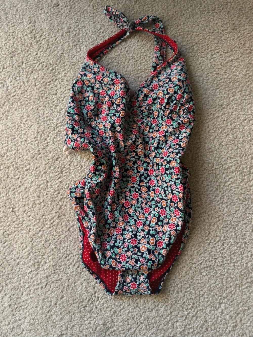 Jessica Simpson Floral Halter One-Piece Swimsuit in Black with Red Accents